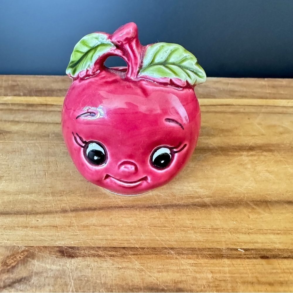 Vintage Enesco Anthropomorphic Red Apple Toothpick Holder Smiling Face 1950s
